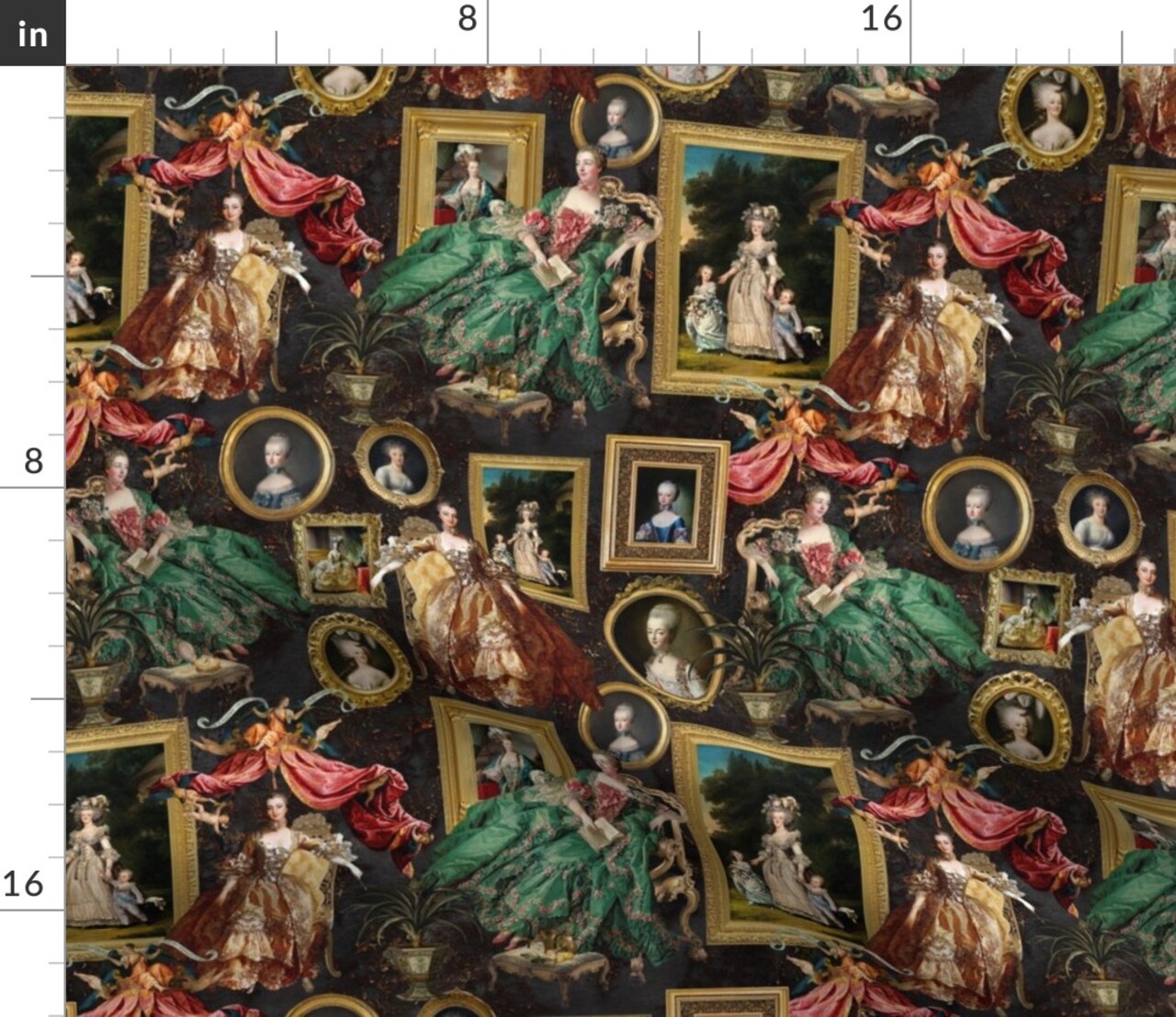 Green French Toile Rococo Queen Baroque Frames Museum History Large Scale Portraiture Neoclassical Custom Printed Fabric by Spoonflower Various Fabrics by the Yard or Fat Quarter